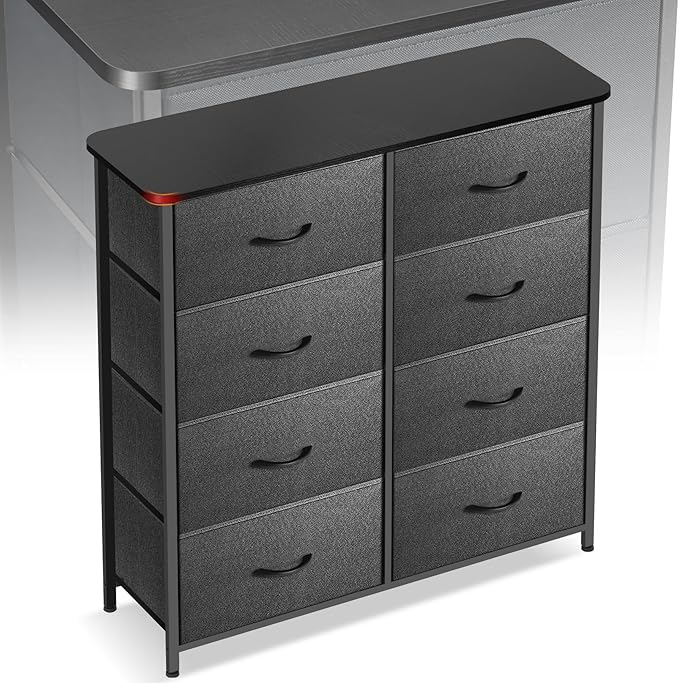 Curved Profile Dresser for Bedroom, Chest of Drawers, 8 Storage Drawers Organizer Unit, Brown Dresser with Fabric Bins for Closet, Living Room, Kid Room (Grey and Charcoal Black)