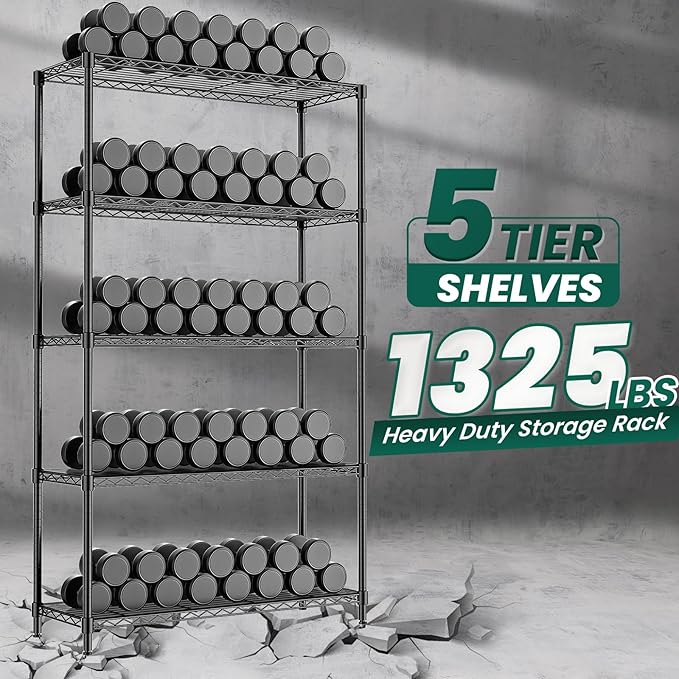 5-Tier Storage Shelves 72" H Wire Shelving with 5 Shelf Liners, 1325LBS Adjustable Metal Shelving, Heavy Duty Steel Wire Rack for Garage Commercial Pantry Kitchen, 36" W x 14" D x 72" H, Black