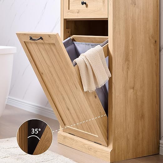 Tilt Out Trash Can Cabinet, 10 Gallon Farmhouse Laundry Hamper Cabinet with Drawer, Hidden Wooden Trash Garbage Can Bin with Storage Basket for Kitchen, Living Room (Natural)