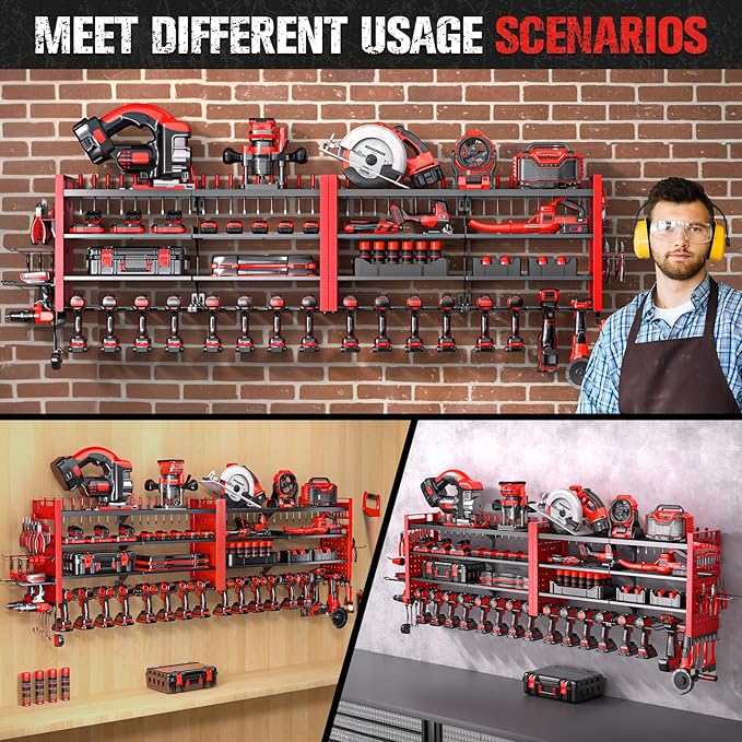66" W Super Large Power Tool Organizer Wall Mount,Heavy Duty Cordless Tool Organizer with 18 Drill Holder,600 Lbs Capacity 4-Layer Garage Organization for Garage and Workshop (Red)
