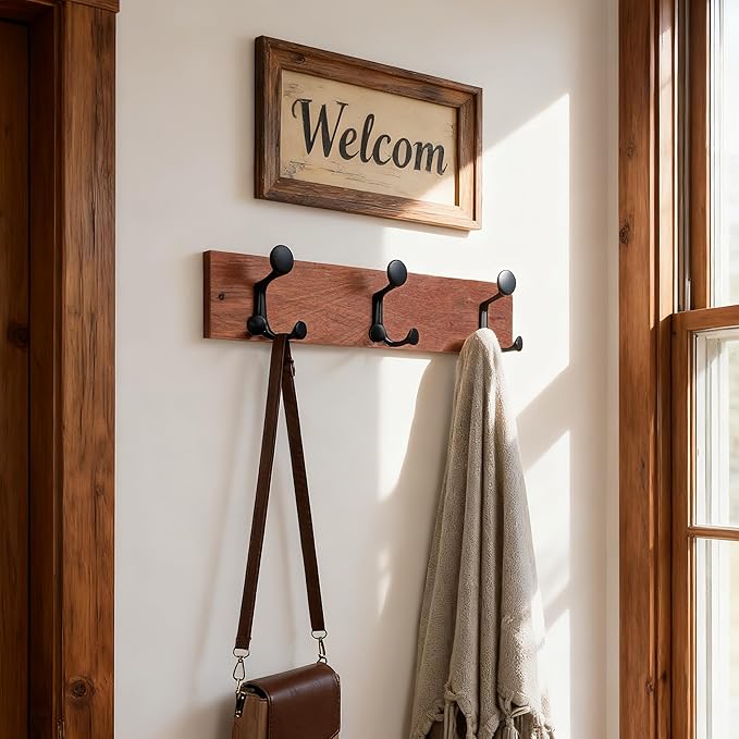 SKOLOO 17-Inch Wood Coat Rack Wall Mount with 3 Triple Hooks - Ideal for Family Entrances, Classrooms, and Pet Supplies Storage - Perfect Coat Hooks for Wall,Mahogany (Sapele), Pack of 2