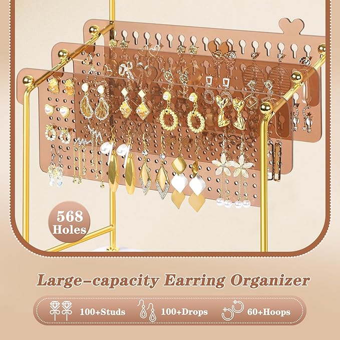 Earring Organizer, Earring Holder Display Stand with 3 Earring Storage Pegboards 568 Holes, Jewelry Organizer with Hook Rack for Stud Earrings Necklace, Acrylic Large Jewlery Hanger Towers for Women
