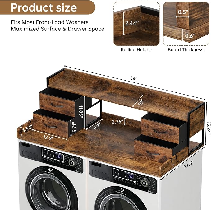 4 Drawers Washer Dryer Countertop with Shelf, 27.5" D x 54" W Laundry Topper with 3.54" High Guardrails and Non-Slip Pads,Extra Storage Organizer for Over Washer and Dryer, Holds 66 Lbs,Vintage Brown