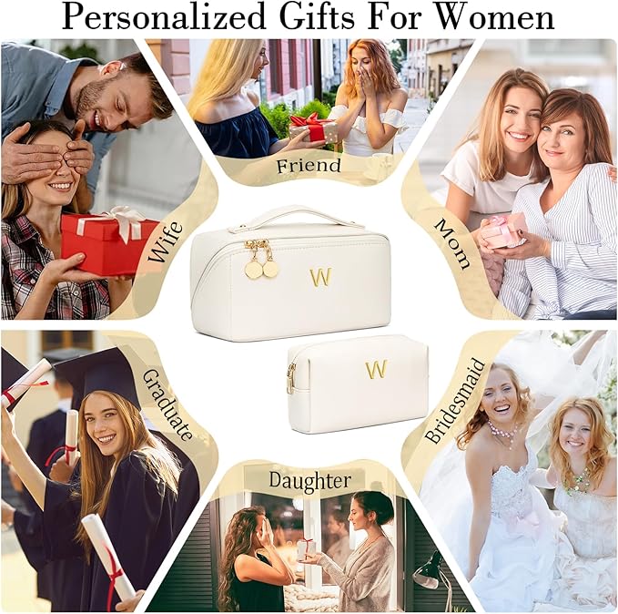 Birthday Gifts for Women Teen Girl, Personalized Initial Makeup Organizer Bag Set, Open Flat Travel Cosmetic Bag With Clear Divider and Handle(Beige,W)