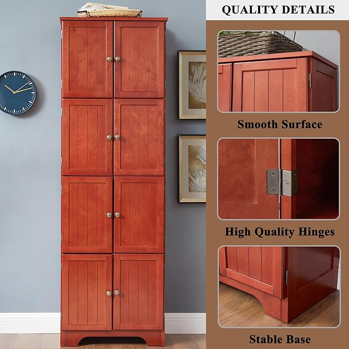 72" Tall Farmhouse Storage Cabinet, 4 Tier Kitchen Pantry Cabinet with 4 Shelves & 8 Doors, Freestanding Floor Storage Cabinet Wooden Organizer Bookcase for Living Room, Kitchen (Cherry)