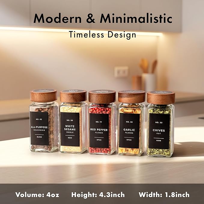 EDELHAUS® Square Spice Jars with Acacia Wooden Lid (Pack of 24) Spice Jars with Shaker Insert and 240 Labels - Acacia Lid Glass Container for Spice Organisation [4.3 in × 1.8 in]