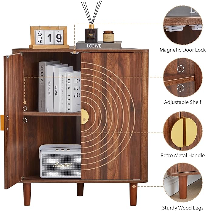 Small Corner Storage Cabinet, Modern Freestanding Floor Cabinet with Magnetic Door Lock and Adjustable Shelves, Small Space Corner Table for Bathroom, Kitchen, Dining Table, Living Room, Walnut