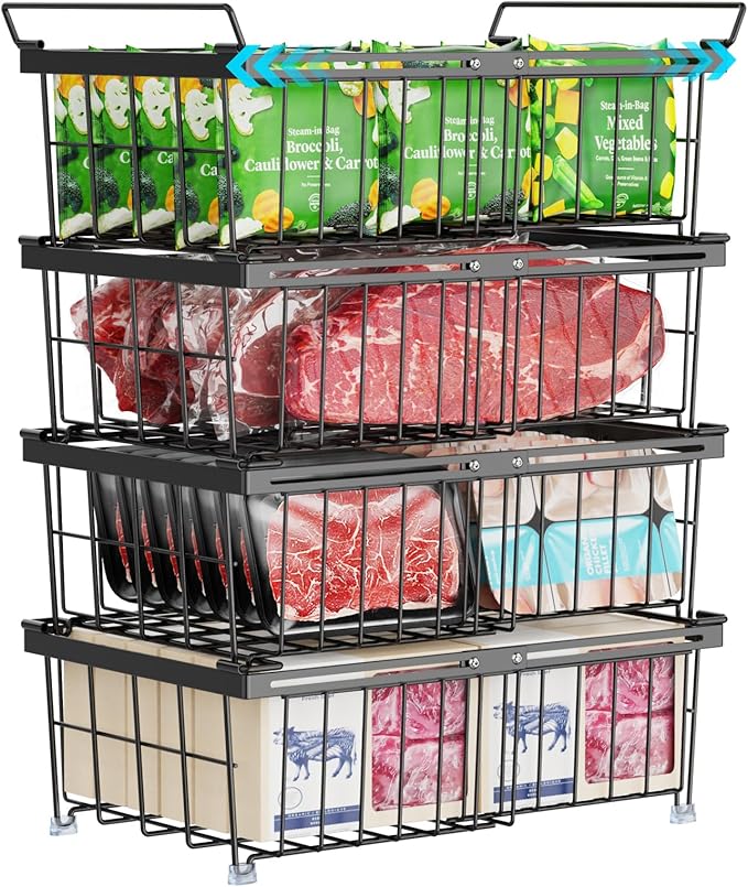 iSPECLE Freezer Organizer Bins - Fit 10 to 20 Cu.FT Chest Freezer, 4 Pack Expandable Stackable Large Deep Freezer Organizer Bins Sort Food, Easily Get Food from Bottom Better Ventilation, Black