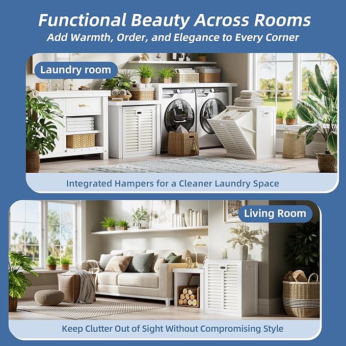 HITNET Tilt Out Laundry Hamper Cabinet, Bathroom Laundry Cabinet with 16 Gallon Clothes Basket, Space Saving Freestanding Bamboo Storage Organizer for Towels and Toys, White