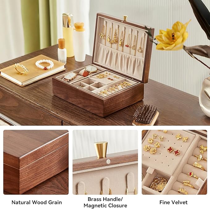 CHOSIN Black Walnut Wooden Jewelry Box for Women 2 Layer Jewelry Organizer with Removable Tray for Watches Rings Earrings Necklace Bracelets Storage Christmas Gifts