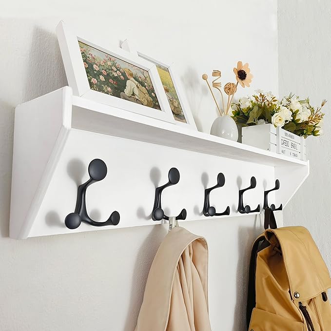 SKOLOO Wall Shelf with Hooks, 35-Inch White Coat Rack Wall Mount with Shelf Organizer - Lightweight & Sturdy, 5 Tri Hooks - Perfect for Entryway, Hallway, Living Room, Bedroom, Mudroom