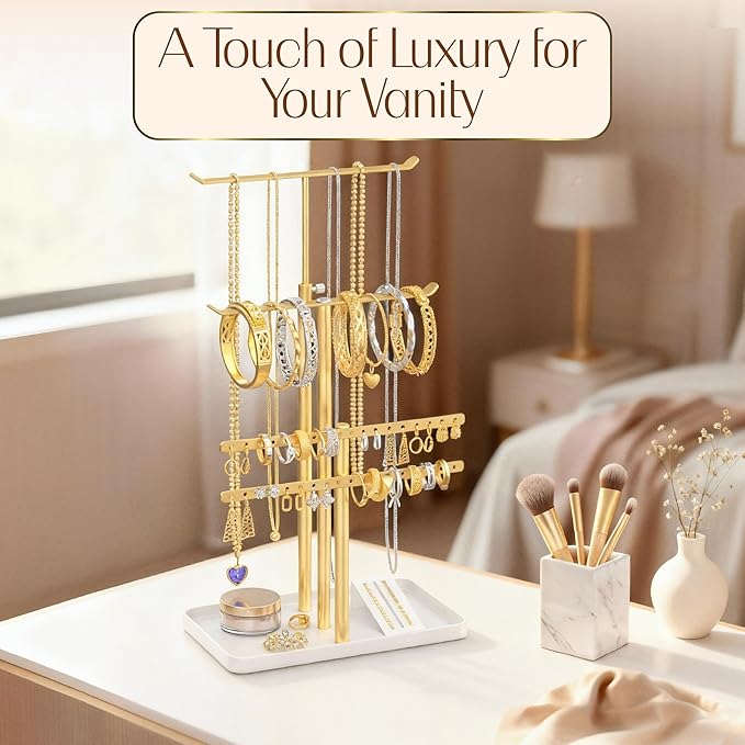 Jewelry Tower Stand Organizer for Women - Elegant Jewelry Holder Display with Necklace Holder, Earring Organizer & Bracelet Rack - Tabletop Jewelry Stand for Dresser, Vanity, Desk
