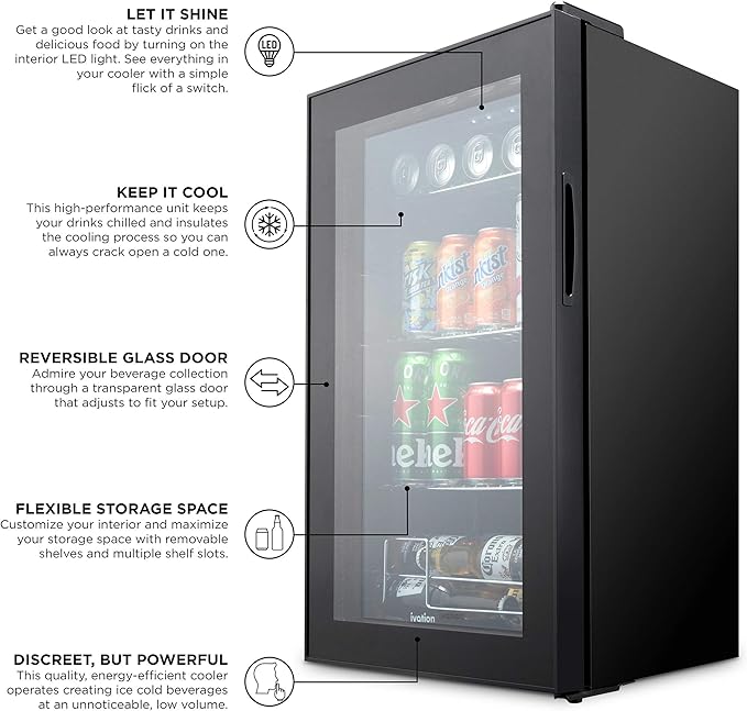 Ivation 101 Can Beverage Refrigerator , Freestanding Ultra Cool Mini Drink Fridge , Beer, Cocktails, Soda, Juice Cooler for Home and Office , Reversible Glass Door and Adjustable Shelving - Black,IVABC1010B