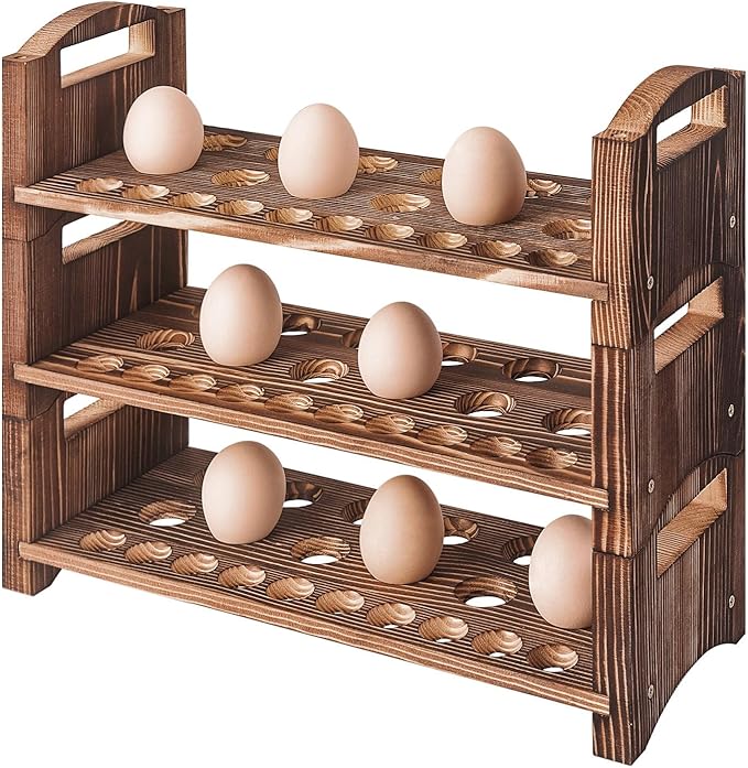 Wooden Egg Holder 3 Layer Fresh Egg Rack Holders Countertop Stackable Quail Egg Sorter Storage Trays Organizer Display Stand Kitchen Rack, Fits Duck, Turkey, Chicken Eggs,up to 36 Eggs, 3 Tier-Brown