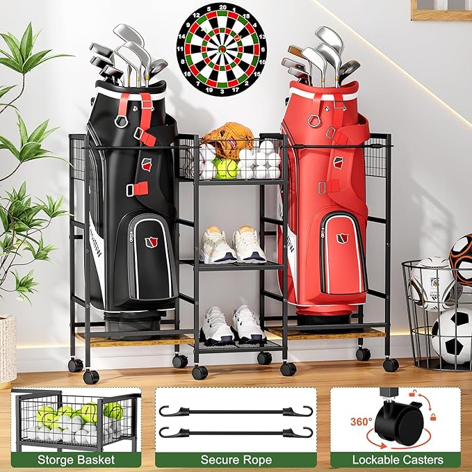 Golf Bag Storage Rack for Garage with Wheels, Organizer for Golf Bag and Equipment Accessories, Golf Organizer Stand Ideal for Home, Garage, Club, Shed, Basement - Sturdy and Durable (Black)