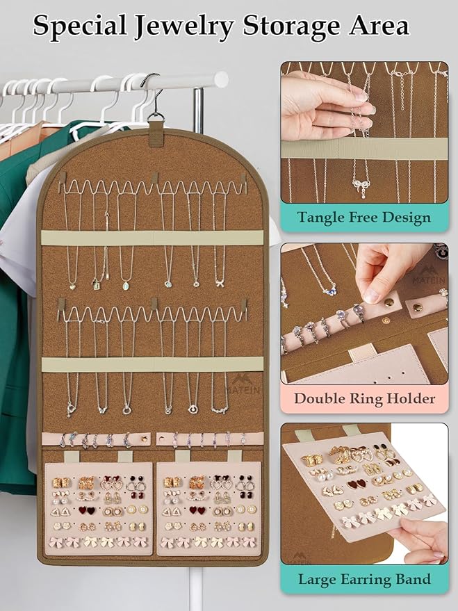 MATEIN Over the Door Jewelry Organizer with Travel Pouch, Double-Sided Hanging Necklace Earring Holder with Pockets, Large Jewelry Storage for Rings Bracelets, Christmas Gifts for Her, Beige-Brown