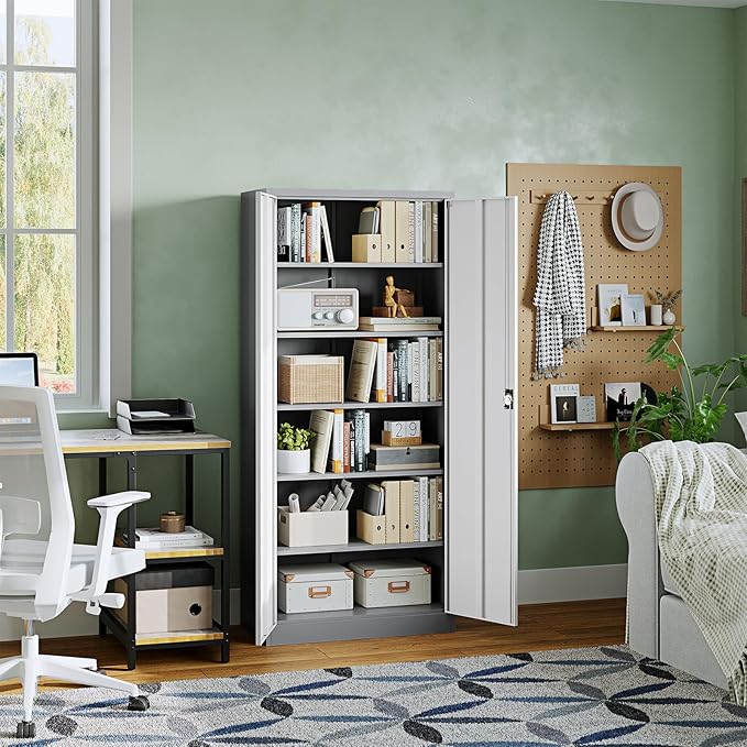 Letaya Metal Garage Storage Cabinets with Lock Door and Adjustable Shelves, Steel Tool Cabinets for Home,Office,Warehouse Organisieren (Gery White, 72" H)