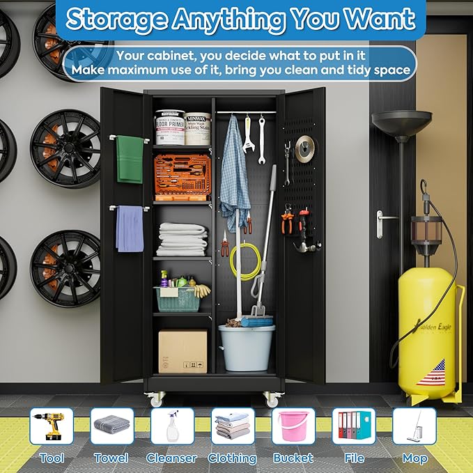 SUXXAN Broom Closet Storage Cabinet with13 Hooks and Hanging Rods, 71" Heavy Duty Cleaning Cabinet for Garage, Laundry Room