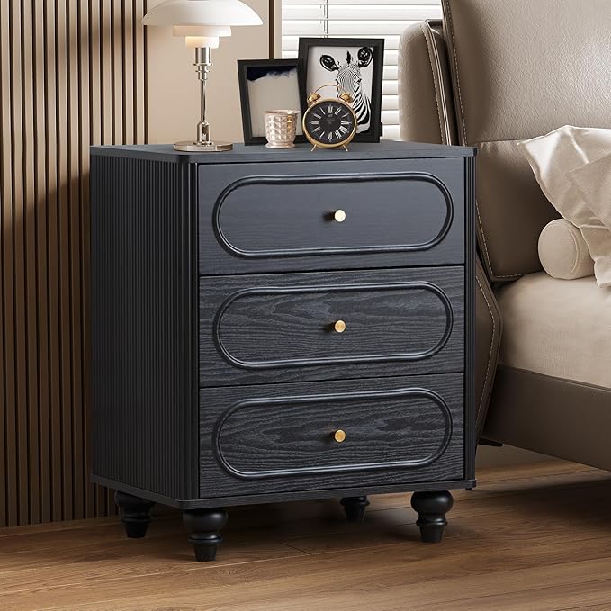 ORRD 3 Drawer Fluted Dresser for Bedroom Set of 2, Mid Century Modern Chest of Drawers, Wood Storage Small Dresser Organizer for Bedroom Living Room Hallway Closet, Black