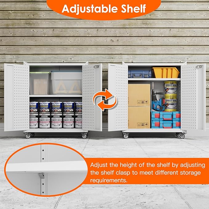 Aobabo 34.3'' H Metal Rolling Storage Cabinet, Locking Steel Storage Cabinet on Wheels with Pegboards and 4 Hooks, for Office, School, Home, Library, White, Assembly Required