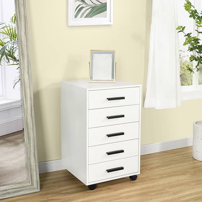 5-Drawer Rolling Under Desk Storage Cart - Mobile Organizer with Lockable Casters, White Engineered Wood Scratch-Resistant for Home Office Dorm Studio, 15.7 x 15.7 x 26 Inches