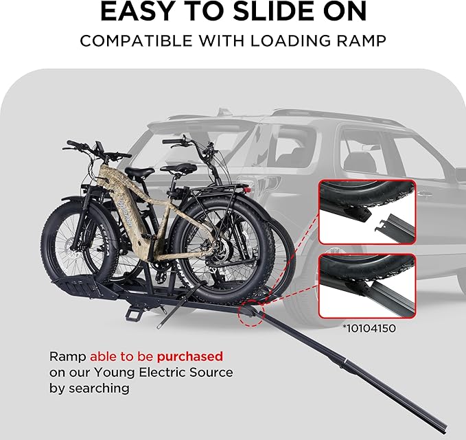 Hitch Mount 2 EBike Rack, 200 lbs Capacity Electric Bike Carrier Foldable Platform Mount, Up to 5-inch Fat Tire Bicycle for 2'' Receiver Cars Trucks SUVs Minivans RV, Trailer