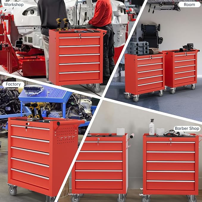 5-Drawer Tool Chest,Rolling Tool Cart with Wheels,High Capacity Tool Cabinet with Locking System for Garage, Warehouse, Workshop-Red