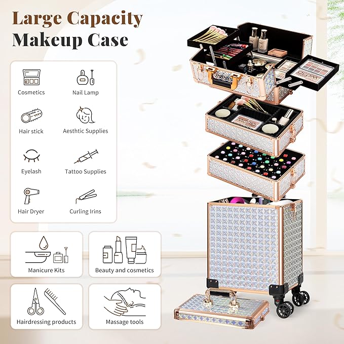AROUS 5 in 1 Rolling Makeup Train Case Cosmetology Case on Wheels Large Cosmetic Organizer Travel Cart for Hairstylist Artist Nail Beauty Salon Barber,White