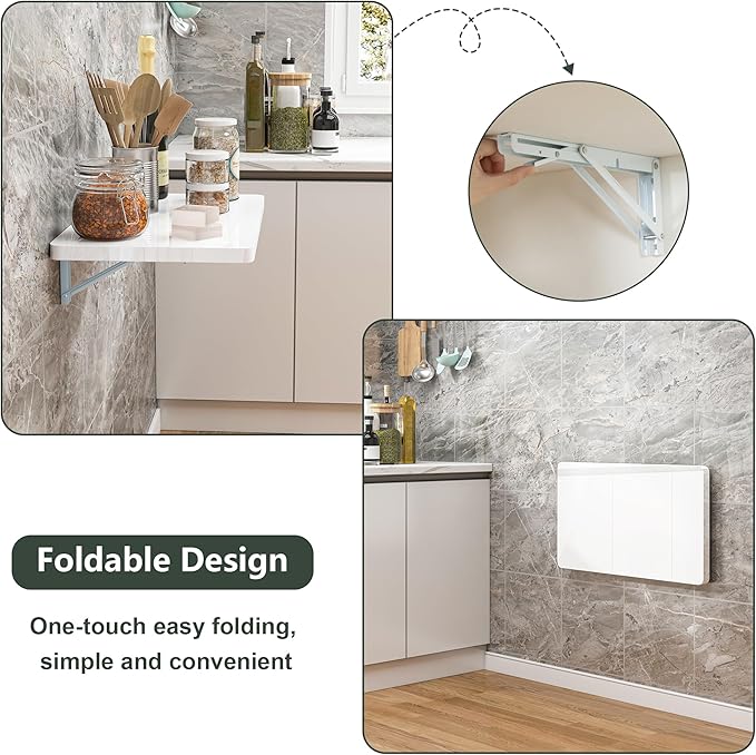 Clikuutory White Wall Mounted High Gloss Folding Table 23.6" L x 15.7" W, Laundry Folding Table for Laundry Room, Home Office, Kitchen, Bedroom, Home Bar, Wall Desk Fold Down for Small Spaces