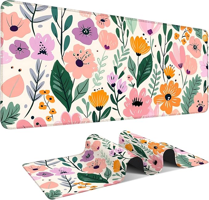 Large Mouse Pad, Floral Garden Desk Mat, Extended Gaming Mouse Pad with Non-Slip Rubber Base, Thick 3mm Smooth Surface Keyboard Mat for Office & Home,35.5 x 15.8 in