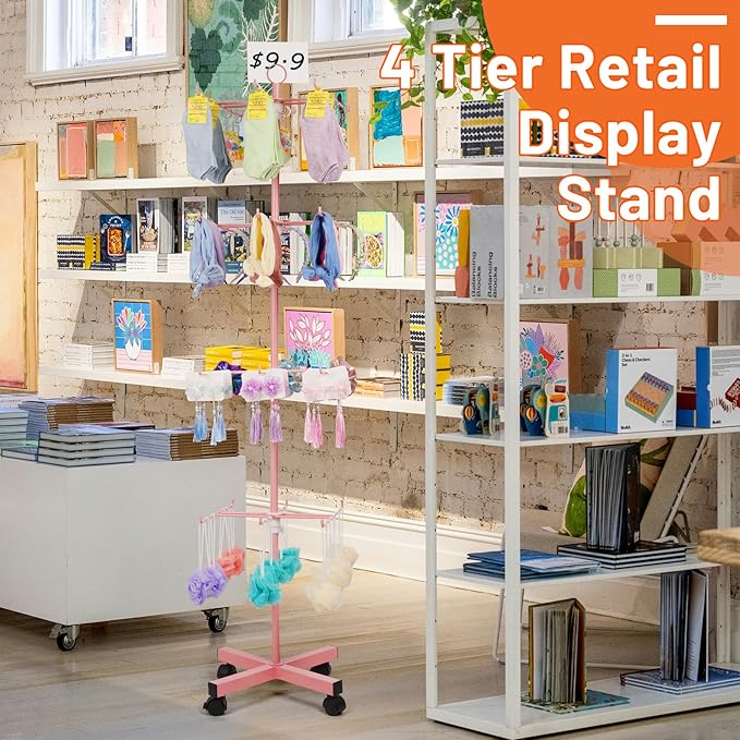 Retail Display Stand Rotating Display Stand 4 Tier Spinning Display Stand for Craft Shows, Jewelry, Keychain, Earring Adjustable Height Retail Display Racks (Pink)