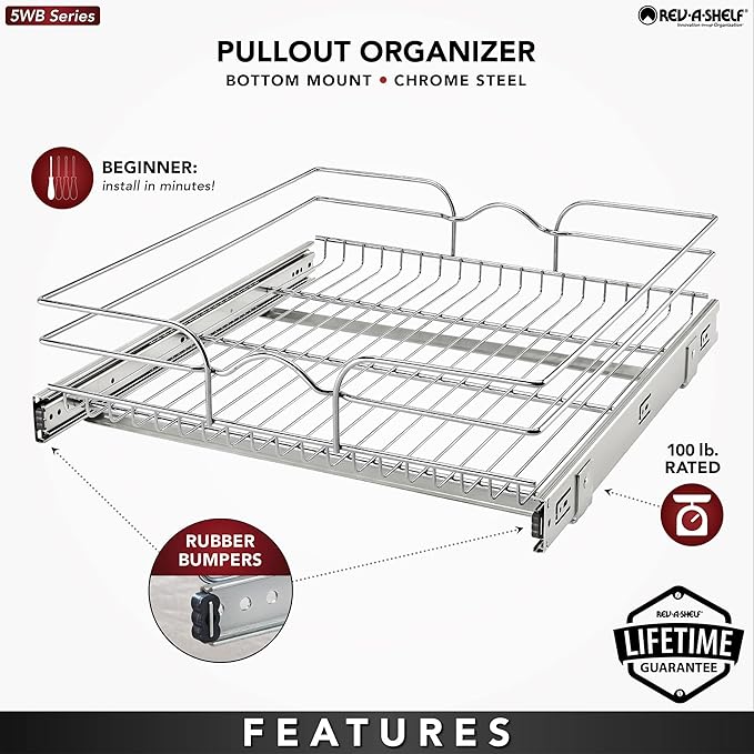Rev-A-Shelf Kitchen Cabinet Pullout Shelf and Drawer Organizer Slide Out Pantry Storage Basket in Multiple Sizes, 21 x 22 In, 5WB1-2122CR-1