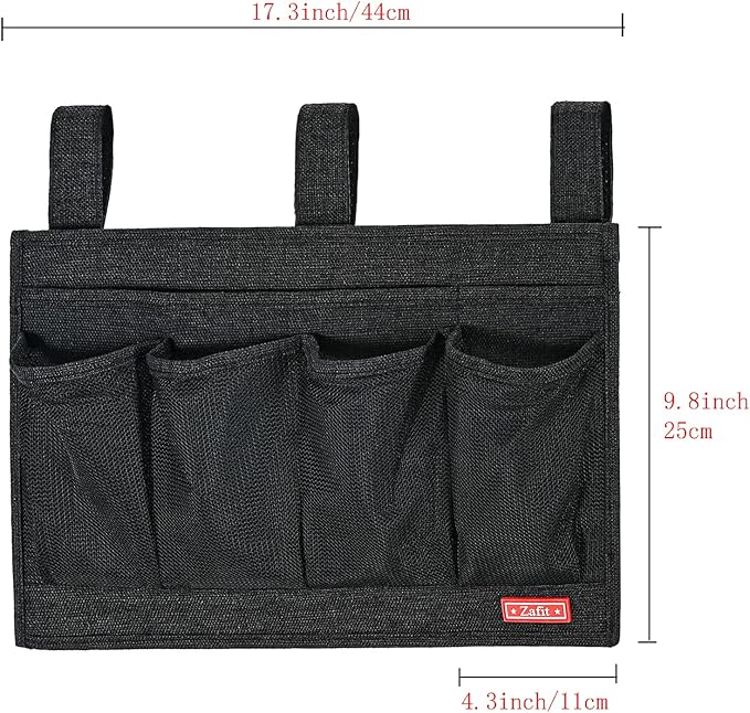 Linen Bedside Caddy, Bedside Storage Organizer for Hospital Beds, College Dorm Rooms or Baby Bed (6 Pockets-Black)