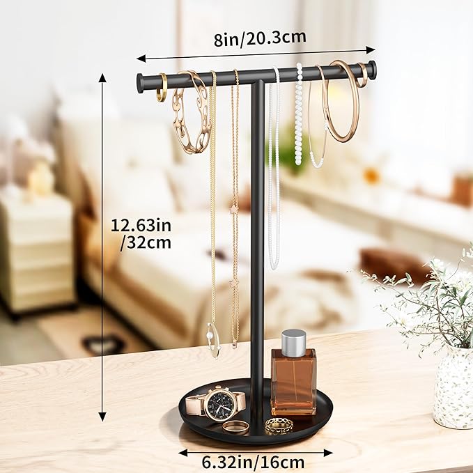 Necklace Organizer Stand with Storage Tray - 12.6" Tall T-Shaped Jewelry Holder Stand for Bracelets, Earrings, Rings | Stylish Home & Vanity Décor for Women, Black.