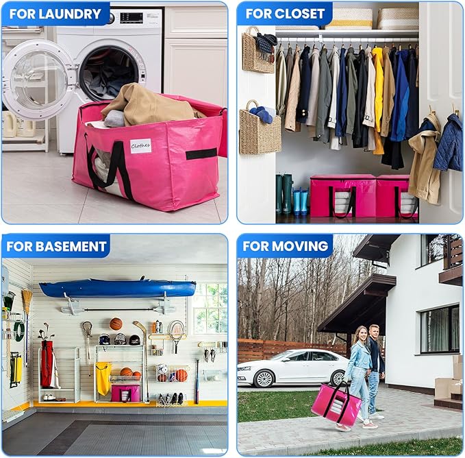 TAILI 10 Pack Pink Extra Large Moving Bags, Heavy Duty Totes with Visible Window, Wrap Around Handles, Ideal for Storage, Space-Saving