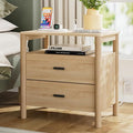 Night Stand with Charging Station, 24" Large Modern Side Table with Solid Round Post Legs, 2 Drawers End Table with Open Shelf, Nightstand with Storage for Bedroom, Natural Oak