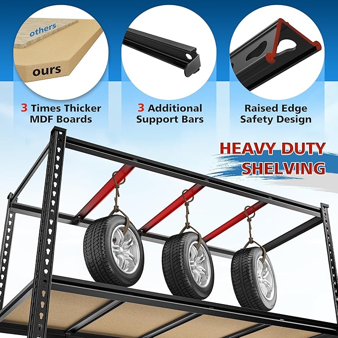 55" W Storage Shelves, 2550LBS Garage Shelving, 5-Tier Metal Shelving Unit, Adjustable Heavy Duty Shelving for Garage, Warehouse, Pantry, Kitchen, 55" W × 24" D × 72" H, Black
