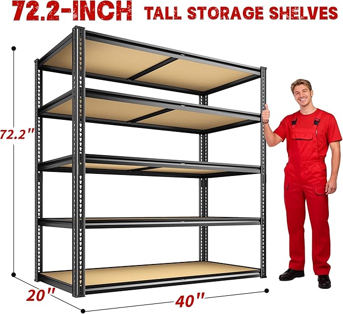 40" W Garage Shelving 2250LBS Storage Shelves Adjustable Metal Shelving 5 Tier Garage Utility Rack Shelf for Warehouse, Pantry, Closet, Kitchen 72.2" H x 40" W x 20" D, Black