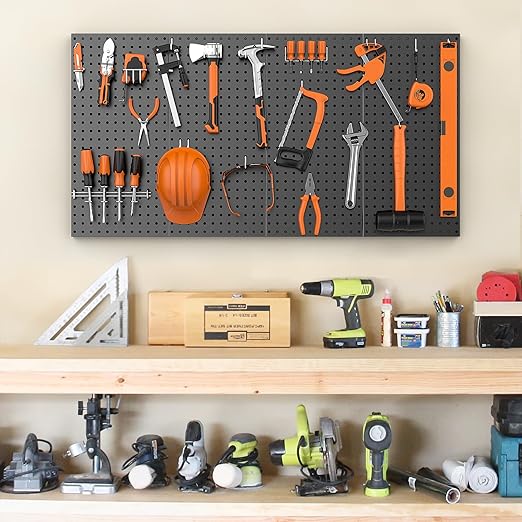 Pegboard Smith Metal Pegboard Panels 12" x 24", 4 Pack Black Wall Mounted Tool Organizer Boards, Heavy Duty Tool Storage Peg Board for Garage, Workbench, Office, Fits 1/4" Peg Hooks