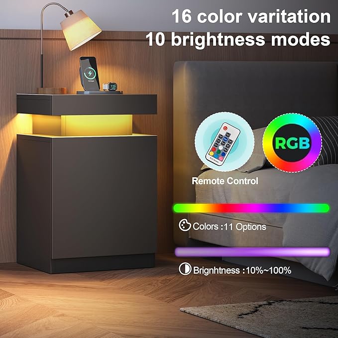 MXV LED Nightstand with Charging Station, Black Bedside Tables with Sliding Top, Storage Cabinet & Drawers for Bedroom, Modern End Tables for Bedroom Living Room (Black) (1)