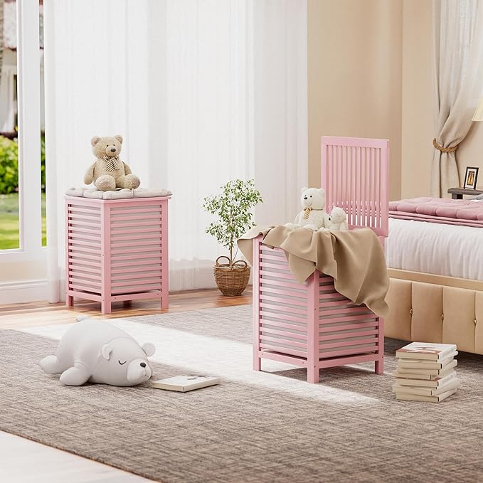 SMIBUY Double Laundry Hamper with Lid, 120L Bamboo Laundry Basket with Removable Liner Bag, 2-Section Clothes Divider Laundry Sorter for Laundry Room, Bathroom, Bedroom (Pink)