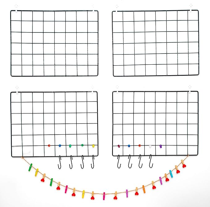 ODOXIA 4-Pack Wire Wall Grid Panel | Photo Grid Wall Decor | Metal Board for Hanging Pictures | Black Wire Organizer for Home, Office & Kitchen | Panel for Display & Storage