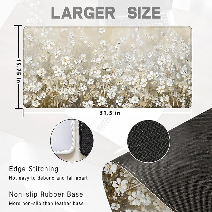 Vintage Watercolor Floral Large Mouse Pad 31.5x15.7inch, Retro Cottagecore Flower Large Extended Computer Desk Mat Mousepad for Keyboard and Mouse, Floral Desk Accessories