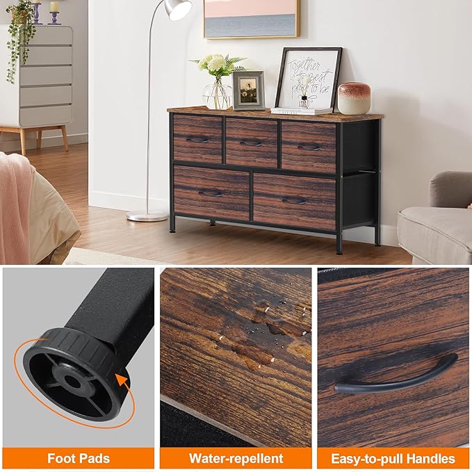 Dresser for Bedroom with 5 Drawers, Chest of Drawers, Storage Drawers Organizer Unit, Black Wide Fabric Dresser with Fabric Bins for Closet, Living Room, Bedroom (Brown and Rustic Brown)