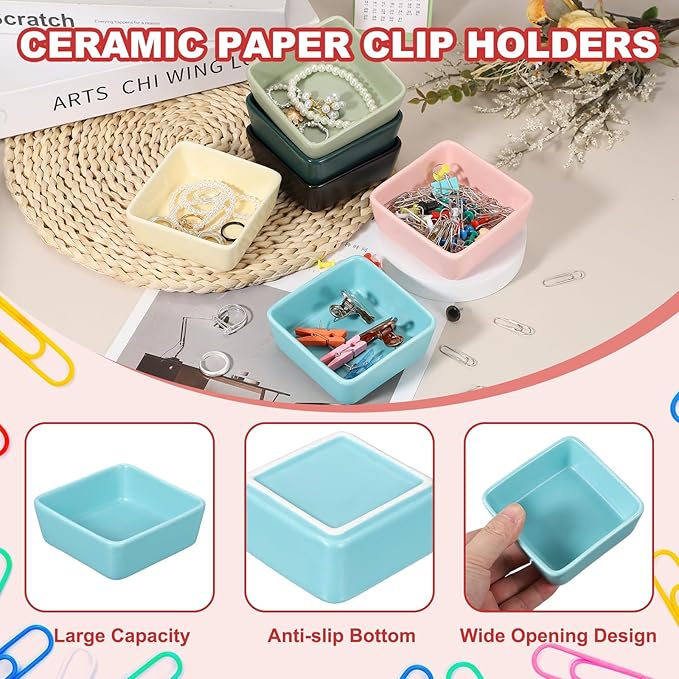 PATIKIL Square Paper Clip Holders, Ceramic Bowl Dish Clip Dispenser Organizer Desk Organizer Accessories for Office Desktop Decor Bobby Pin Binder Paper Clamp, Light Blue