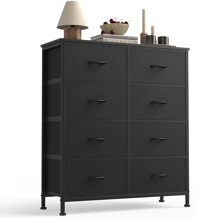 Sweetcrispy 8 Drawer Dresser with Fabric Bins Fabric Storage Tower Organizer for Bedroom Closet Hallway Entryway Tall Chest of Drawers with Steel Frame Wood Top Easy Pull Handles,Black