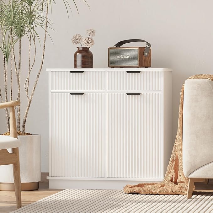 White Double Tilt Out Laundry Hamper Cabinet Laundry Basket Cabinet Hidden Laundry Hamper with 2 Drawers & 2 Baskets for Bathroom Bedroom,30x30x16in
