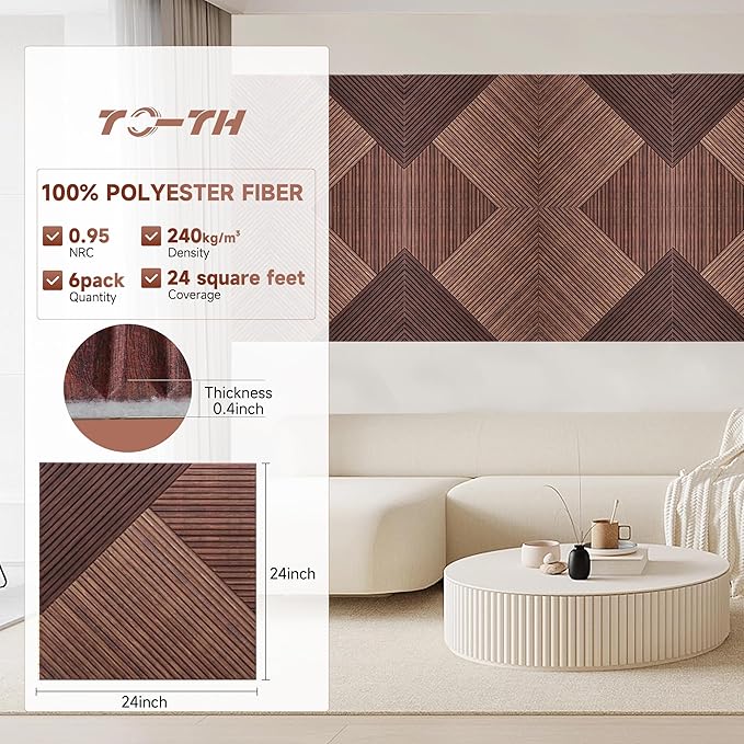 TO-TH Acoustic Panels for Wall and Ceiling - 6 Pack 2'x2'x0.4",Self-Adhesive 3D UV Printing Decorative Wall Panels with Wood Look,Red Sandalwood