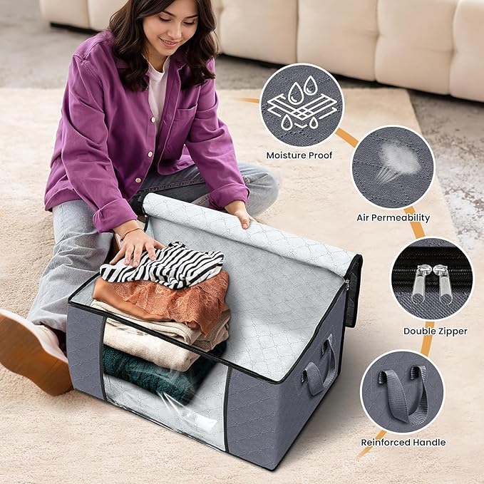 Large Clothes Storage Bags 6 Pack, Foldable Closet Organizers with Durable Breathable Fabric & Clear Window for Blankets, Comforters, Pillows, Bed Sheets, Toys & Seasonal Clothing (Gray)