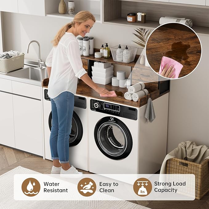 4 Drawers Washer Dryer Countertop with Shelf, 27.5" D x 54" W Laundry Topper with 3.54" High Guardrails and Non-Slip Pads,Extra Storage Organizer for Over Washer and Dryer, Holds 66 Lbs,Vintage Brown